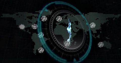 Futuristic global hud telemetry featuring neon energy beam and circular digital interface