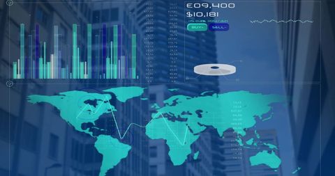 Digital Interface with Global Financial Data Over Cityscape