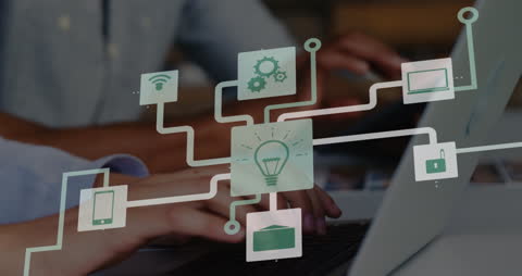 Tech Icons Overlay Users Collaborating with Devices