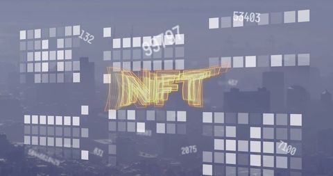 Golden nft wireframe hovers over futuristic metropolis skyline