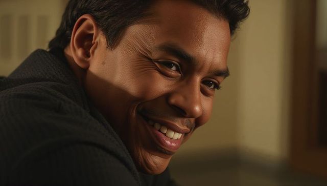 Smiling indian man in dark ribbed sweater facing camera closeup in warm beige interior