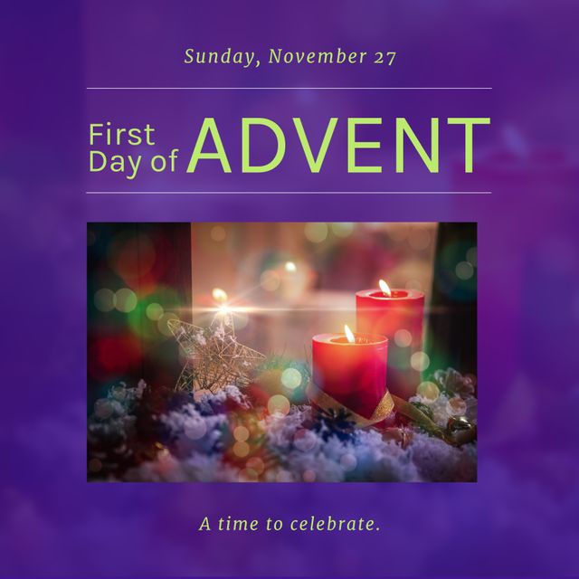 Composition of first day of advent text with candles and decorations on blurred background. Advent tradition and celebration concept digitally generated image.