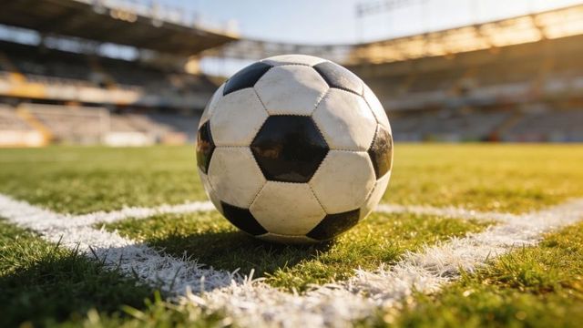 Classic black-and-white soccer ball closeup on white boundary line at sunlit stadium