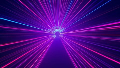 Neon laser tunnel radiating magenta cyan beams toward glowing vortex with symmetrical rays