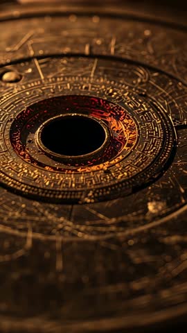 Pulling Back Camera Revealing Ornate Metallic Disc with Crimson Groove and Intricate Rings