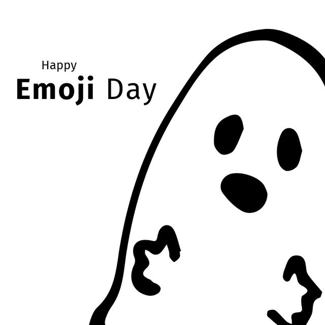 Vector illustration shows a playful ghost emoticon combined with 'Happy Emoji Day' text on a white background with ample copy space. Best suited for social media posts, digital greetings, and celebratory banners.