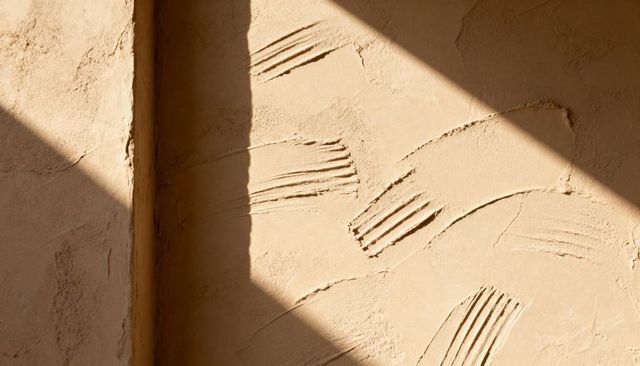 Beige textured plaster wall featuring trowel grooves and dramatic diagonal shadow