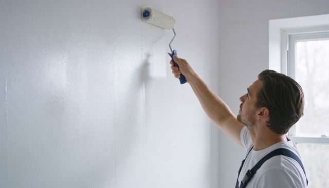 Interior painter applying fresh white paint with roller near window daytime renovation