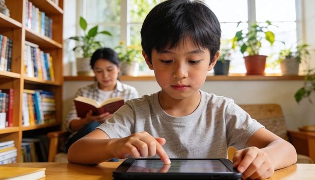 Young boy using tablet while parent reading in sunlit cozy living room