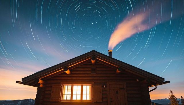 Glowing log cabin on snowy ridge with swirling star trails and chimney smoke at night