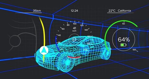 Futuristic Car Interface with Wireframe Design in Virtual Tunnel