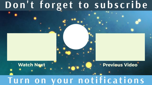 Bright and dynamic YouTube end screen template urging viewers to subscribe and turn on notifications. Useful for content creators seeking to boost channel engagement. Includes placeholders for watch next and previous video options.