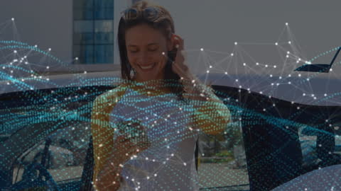 Digitally Enhanced Reality Interface with Woman Using Smartphone