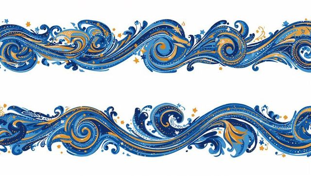 Ornate blue and gold swirling border set for elegant decorative frames and banners