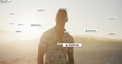 Person gazes into sun with digital labels at sandy shoreline