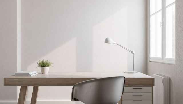 Scandinavian minimalist home office desk with lamp, plant and drawer unit in sunlight