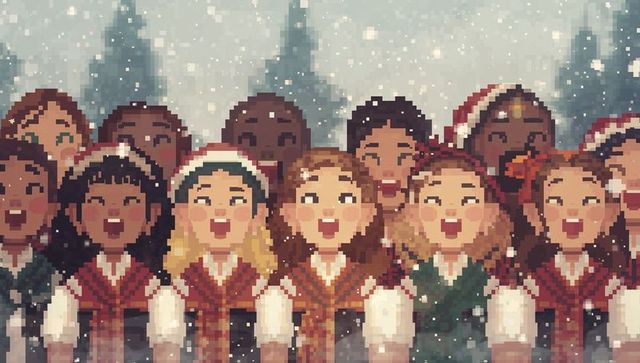 Pixelated children choir singing christmas carols in snowy park