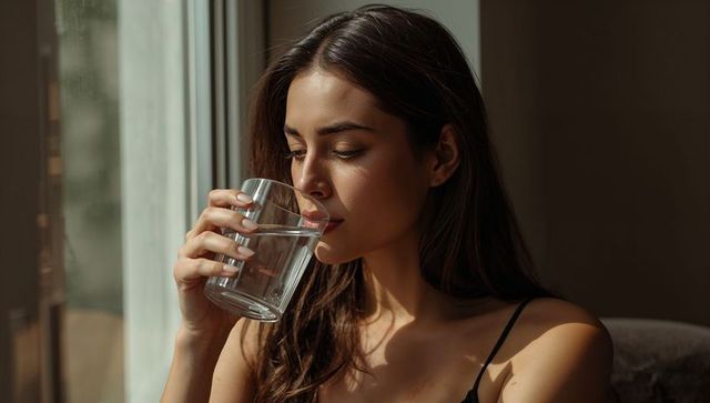 Sipping water by sunlit window holding glass, contemplative wellness lifestyle portrait