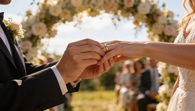 Groom placing wedding ring on bride's finger under floral arch in sunlit garden