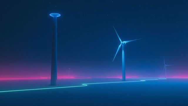 Futuristic wind turbines with neon glows under starry sky