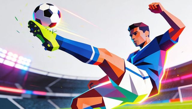 Kicking soccer player launching ball with neon cleats in geometric stadium dynamic action