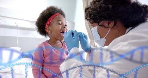 African american doctor performing swab test on young girl with dna graphic