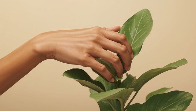 Reaching hand touching fiddle leaf fig leaves minimal wellness concept beige backdrop