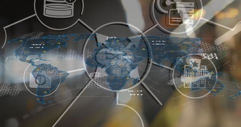 Businessman Engaging with Digital World Map Interface in Office