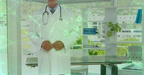Physician adjusting white coat in modern clinic office with green digital network overlay