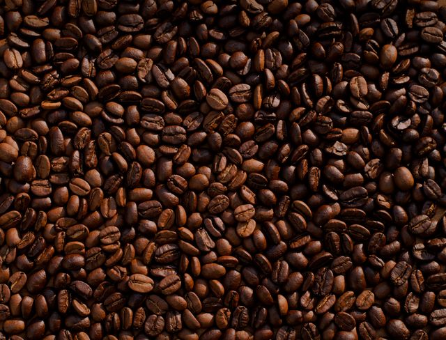 Roasted coffee beans spread out in a dense, even layer, showcasing their rich brown colors and textures. Ideal for use in creating backgrounds, textures, coffee shop decor, cafe menus, beverage packaging, or promotional materials aimed at coffee enthusiasts and baristas.