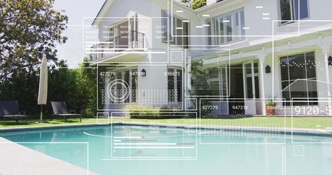 Smart home visualization over modern white two-story house with pool and digital hud overlays