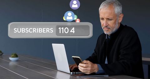 Senior Man Viewing Social Media Subscribers Growth Smartphone Laptop