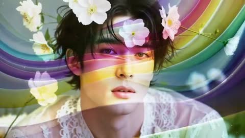 Artistic Portrait of Elegant Man with Cherry Blossom and Ethereal Ribbons