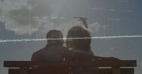 Couple on bench with digital waveform harmony