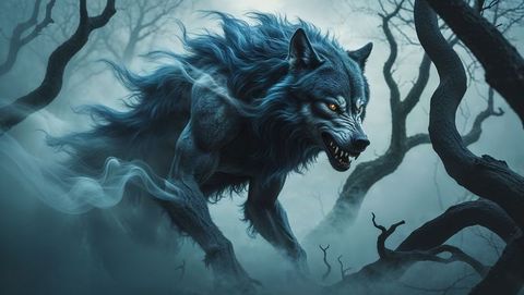 Sinister werewolf creature in enigmatic foggy forest