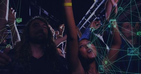 Festival crowd cheering and dancing under stage lights with augmented reality overlay
