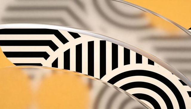 Curved acrylic bands revealing monochrome geometric stripes, optical rings, minimal design