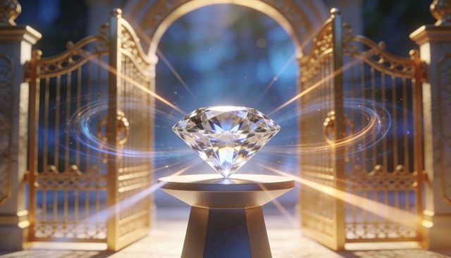 Radiant diamond on pedestal with golden palace gates and light flares, prism brilliance