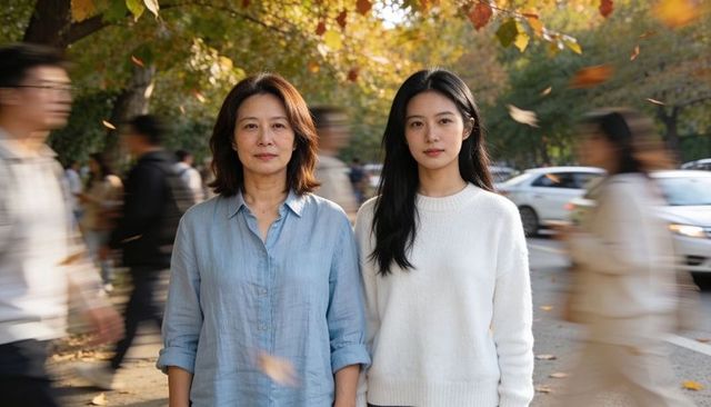 Mother daughter standing on autumn city sidewalk with falling leaves, calm expression
