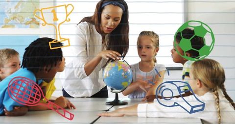 Teacher leading hands-on globe lesson with curious elementary students in classroom