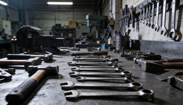Combination wrenches lining workbench diagonally with bench vise and hand tools