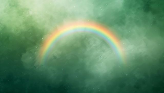 Ethereal rainbow arching across misty green sky with sparkling stars and soft glow