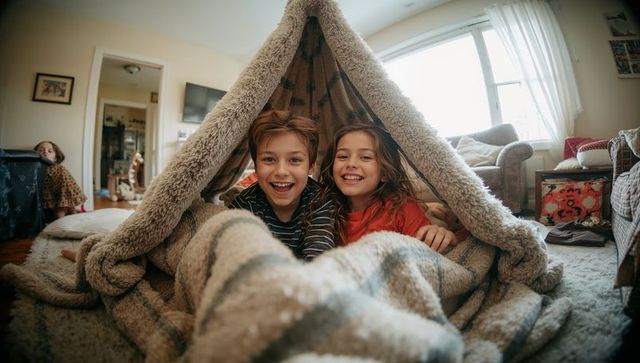 Cozy blanket-fort siblings laughing and cuddling together in sunlit family living room