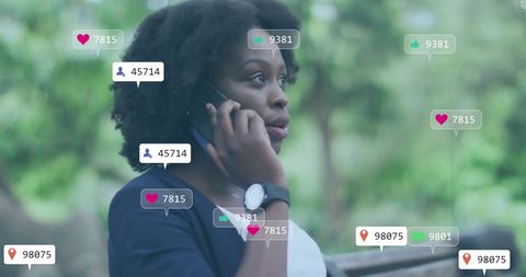 African American Woman on Smartphone with Social Media Icons