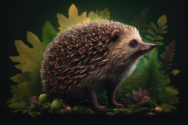 This image depicts a hedgehog standing in a lush forest setting, surrounded by various green plants and leaves. The detailed texture of its spines and the vibrant natural environment make it suitable for use in wildlife publications, nature-related advertisements, educational materials about forest animals, as well as for digital art or prints related to animals and nature.