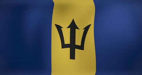 Waving flag of barbados with national trident symbol
