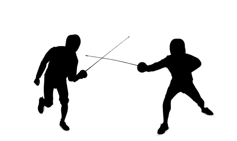 Dynamic silhouette of fencers battling on transparent background