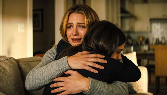 Tearful mother hugging teenage daughter on sofa comforting embrace in cozy home interior
