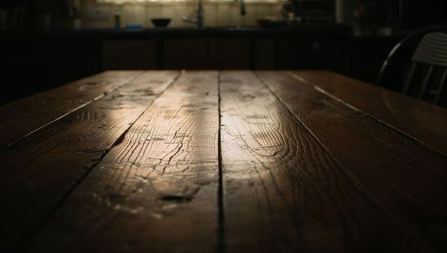 Warm rustic wooden table closeup showing worn plank texture and patina in kitchen