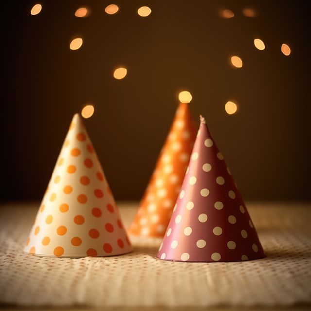 Photo depicts three colorful polka-dot party hats placed on a table with warm ambiance lighting in the background. Great for use in celebrating festivals, birthdays, events, invitations, and party planning themes.